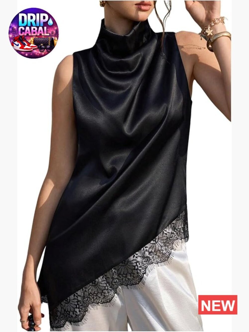 Sleeveless Cowl Neck Satin Tank Top with Lace Trim